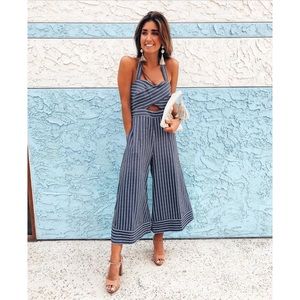 Stripe convertible halter jumpsuit